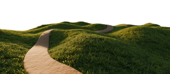 Winding stone path through grassy hills. 3D rendering.