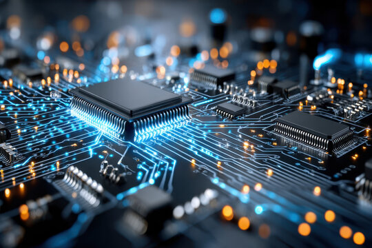 Closeup of a circuit board with glowing connections and a central processing unit