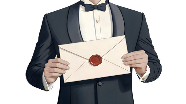 Man in tuxedo holding a sealed envelope invitation concept formal event announcement