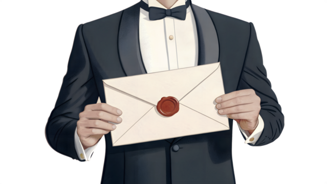 Man in tuxedo holding a sealed envelope invitation concept formal event announcement