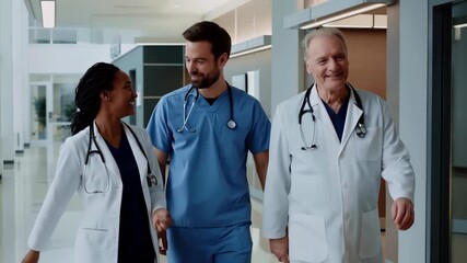 Diverse medical team of three doctors, including a black female, a male in scrubs, and a senior male, walking together in a bright hospital corridor, showing teamwork and positivity in healthcare - Powered by Adobe