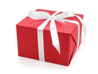 One gift box with ribbon isolated on white