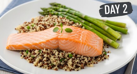 Salmon fillet served with quinoa and asparagus on a white plate for a healthy meal