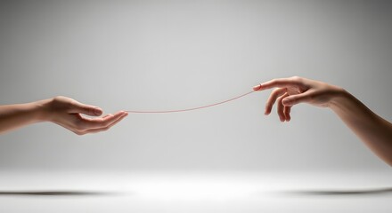 Two hands reaching out connected by a thin red string against a white background
