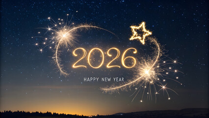 Naklejka premium Happy new year 2026, night sky, fireworks, starry, mountainous terrain, digital art and photorealistic