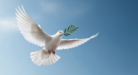 Obraz premium Majestic White Dove with Olive Branch Soaring in Clear Blue Sky