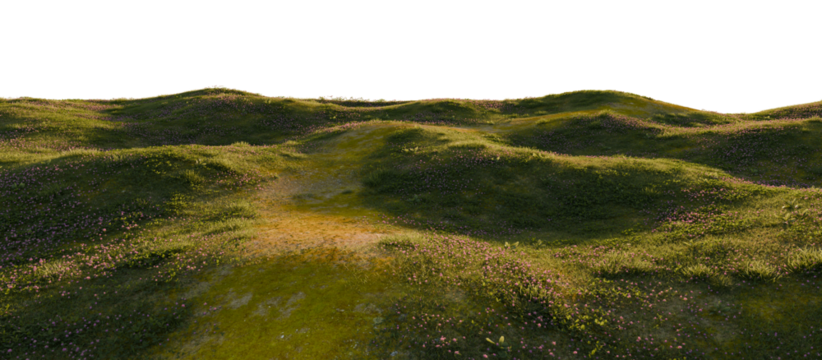 Winding stone path through grassy hills. 3D rendering.