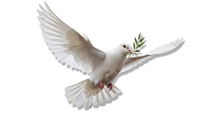 Fototapeta premium Graceful White Dove Flying with Olive Branch Isolated on White with Shadow