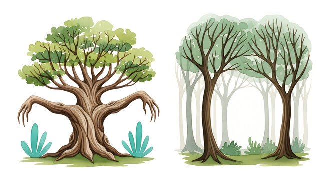 Enchanting Forest Scenes A Duo of Stylized Trees and Lush Greenery