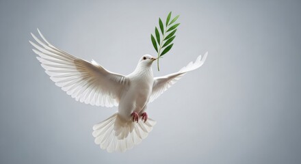 Obraz premium Messenger of Peace White Dove Flying with Olive Branch on Grey