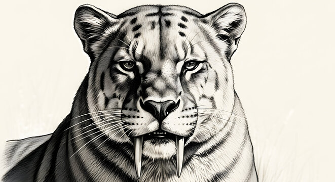 Illustrative Portrait of a Fierce Saber-Toothed Cat with Intense Eyes and Distinctive Fangs