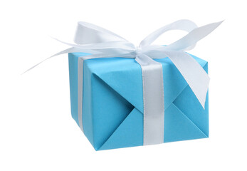 Beautiful gift box in air against white background