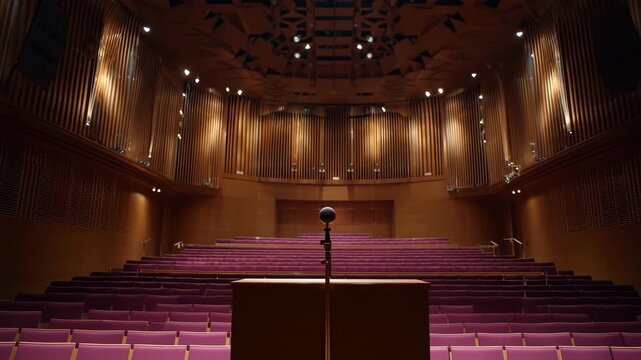 無観客のリハーサル風に演台とマイクを強調した静かなホールの情景