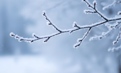 Close-Up of Winter Frost Covered Tree Branch with Delicate Ice Crystals, Isolated on Soft Blue Blurred Background