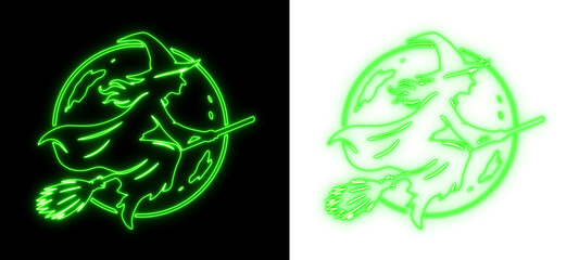 Glowing green neon witch silhouette flying across the moon on contrasting dark and transparent backgrounds