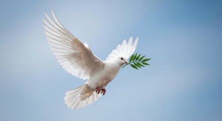 Fototapeta premium Symmetrical White Dove Carrying Olive Branch Flying in Blue Sky