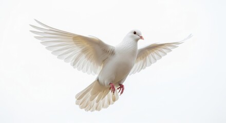 Fototapeta premium Graceful White Dove Flying in Mid Air Isolated on White Background