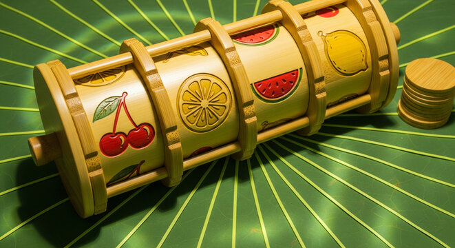 Stylized close-up of a wooden slot machine with classic fruit symbols on the reels.
A close-up, stylized image of a wooden, multi-reel slot machine (or a stylized rendering of a reel-type game)