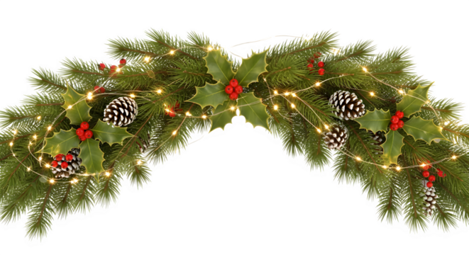 Christmas garland isolated on transparent background, featuring lush green fir branches, holly leaves, red berries, pine cones, and twinkling fairy lights, creating a festive and inviting holiday deco