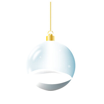 Hanging crystal Christmas ornament with a miniature snowy scene and falling snowflakes, suspended from a gold chain. No background. Ideal for Christmas cards and seasonal design projects.