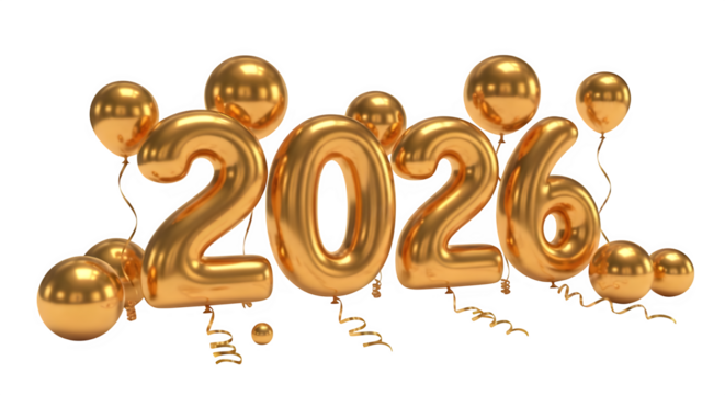 Golden 2026 balloons isolated on transparent background, a festive and celebratory display for the upcoming year, perfect for new years eve, birthdays, and special occasions, rendering a cheerful and 