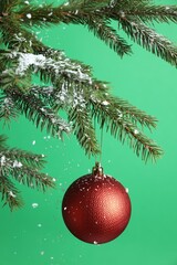 Red Christmas ball hanging on fir tree branch under falling artificial snow against green background, closeup