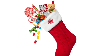 A delightful red christmas stocking filled with an assortment of candies, a charming teddy bear, and beautifully wrapped gifts, isolated on transparent background, evoking holiday cheer