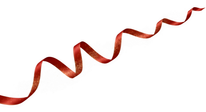 A gracefully spiraling red ribbon with a subtle shimmer, isolated on transparent background, perfect for adding a touch of elegance and festive flair to any design or project - Powered by Adobe