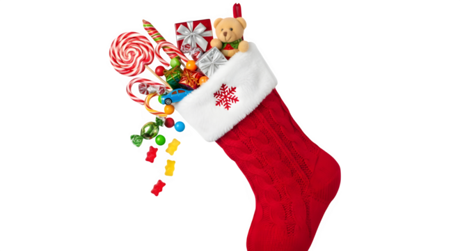 A delightful red christmas stocking filled with an assortment of candies, a charming teddy bear, and beautifully wrapped gifts, isolated on transparent background, evoking holiday cheer