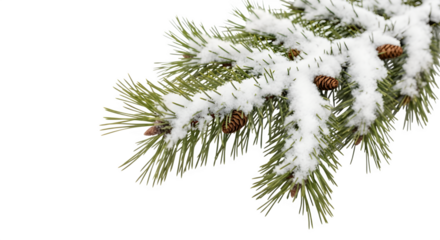 Snowcovered pine branch isolated on transparent background, capturing the serene beauty of winter with its delicate details, creating a peaceful and inviting atmosphere in a minimalist composition