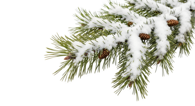 Snowcovered pine branch isolated on transparent background, capturing the serene beauty of winter with its delicate details, creating a peaceful and inviting atmosphere in a minimalist composition