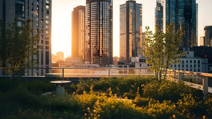 A beautiful green rooftop garden view with the city skyline in the background, bathed in the warm light of sunrise or sunset. The foreground focuses on the lush plants and peaceful.