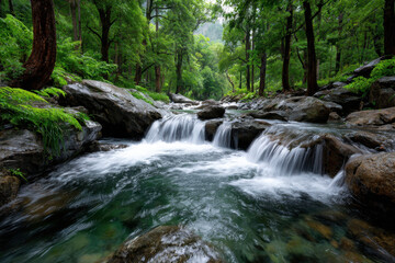 Fototapeta premium Tranquil Forest Stream with Cascading Waterfalls