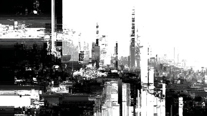 Monochrome abstract depiction of urban environment with glitch art elements