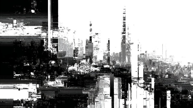Monochrome abstract depiction of urban environment with glitch art elements