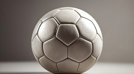 Close-up of soccer ball stitching and texture with intricate patterns and fibers visible, soft studio lighting casting gentle highlights that accentuate the spherical shape.