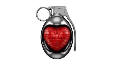 A hand grenade with a red heart inside isolated on white background, symbolizing the explosive nature of love and the potential for heartbreak
