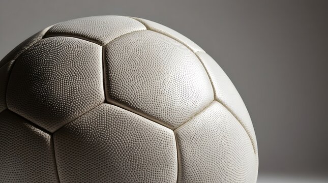 A close-up of soccer ball stitching and texture with intricate patterns and fibers visible, soft studio lighting casting gentle highlights that accentuate the spherical shape.