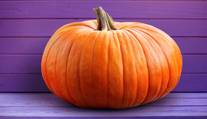 Bright orange pumpkin placed on a purple wooden background. A vivid and colorful autumn-themed composition ideal for Halloween, harvest season, food imagery, or festive seasonal designs.