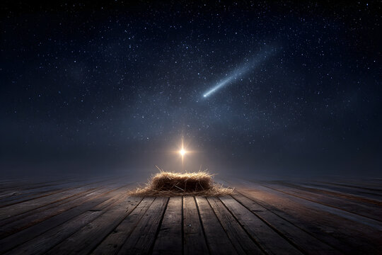 Serene christmas nativity scene with wooden manger and straw under starry night sky