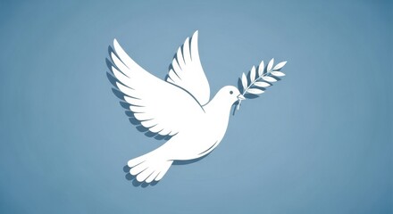 Obraz premium Minimalist White Dove Icon with Olive Branch on Blue