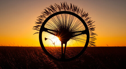 A silhouette of a classic steering wheel at sunset, centered in a field of tall, wild grass. The long stalks of grass create a burst or halo effect around the rim of the wheel
