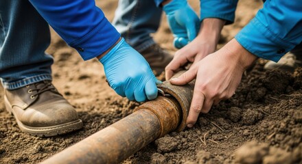 Closeup of two workers in blue gloves repairing a rusty metal pipe in the ground, focusing on the connection point and the hands working on it, showcasing the process of repair and maintenance