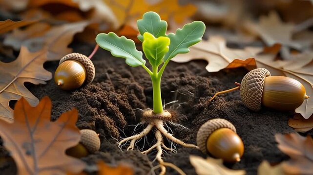 Young Oak Sprout with Roots Growing from Acorn in Soil Surrounded by Autumn Leaves