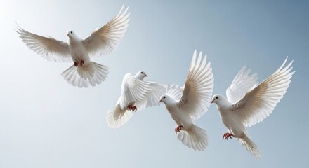 Obraz premium Three White Doves Soaring in Formation Against Blue Sky