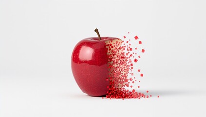 Red apple dissolving into digital cubes on a white background