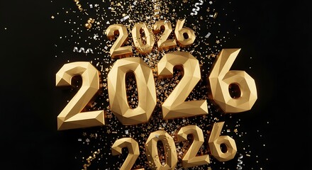 Golden 2026 numerals with celebratory confetti and streamers, marking a festive new year
