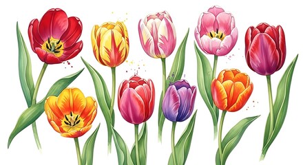 Watercolor illustration of colorful tulips isolated on white background beautiful spring flowers in different shades of red, yellow, pink, purple and orange with green leaves