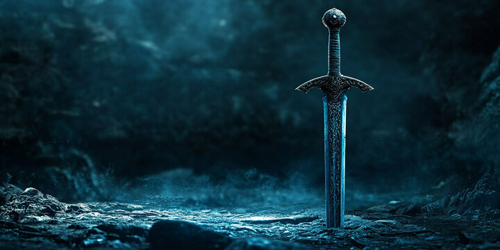 A medieval sword stuck in the ground against a dark blue background