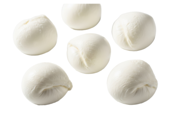 Six transparent spherical bocconcini mozzarella cheese balls, smooth, fresh, against a bright white background with copy space, professional studio lighting, concept of fresh Italian dairy purity